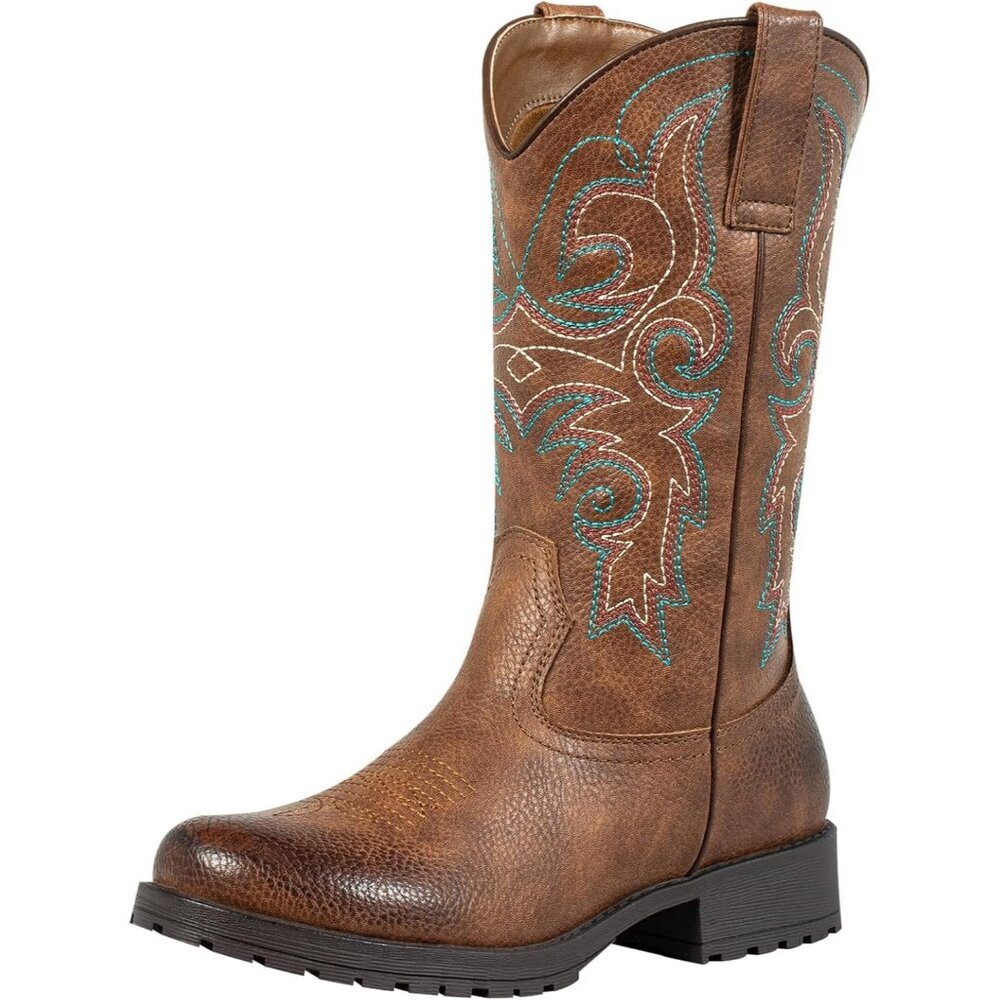 Women's Brown Leather Embroidered Square Toe Western Knee High Cowgirls Boots - Picture 1 of 9